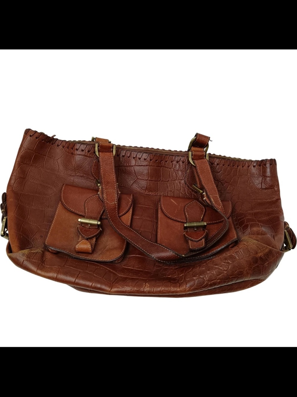 Mulberry Brown Croc-Embossed Leather Shoulder Bag with Front Buckle Pockets